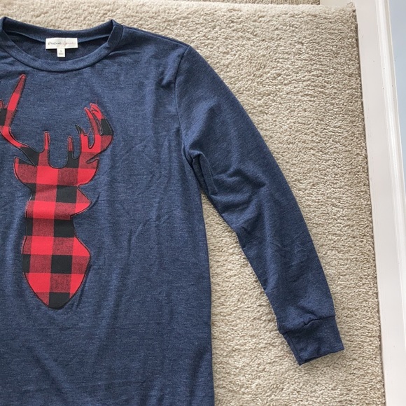 Navy French Terry Long Sleeve Plaid Reindeer Top - Picture 9 of 10
